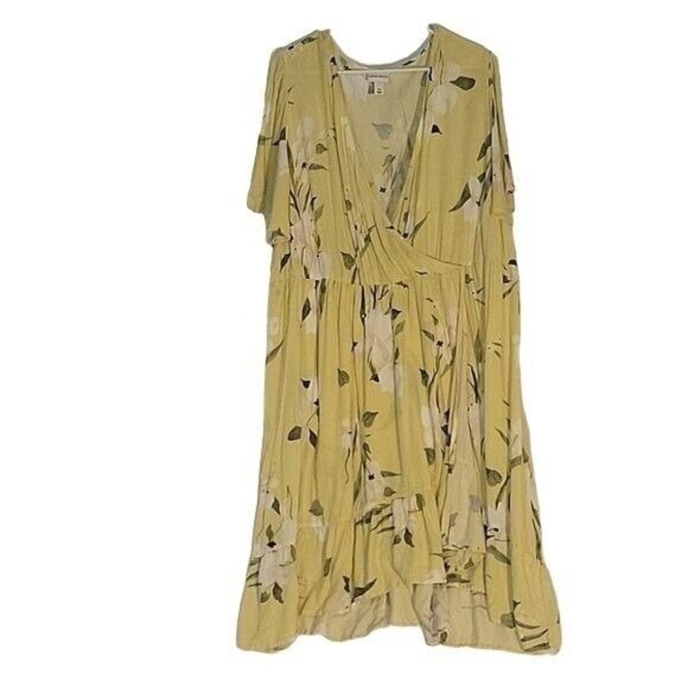 AVA & VIV Women's Plus Size Yellow Foral Faux Wrap Dress Ruffled Hem 4X